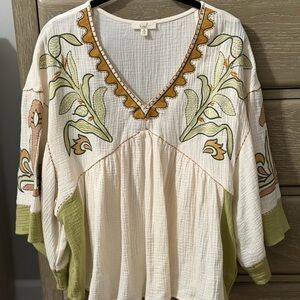 Easel Boho Embroidered Blouse - Cream, Green, and Orange